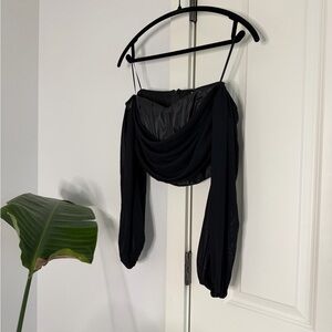 Windsor Faux Leather Sheer Long Sleeve Black Draped Off-Shoulder Top